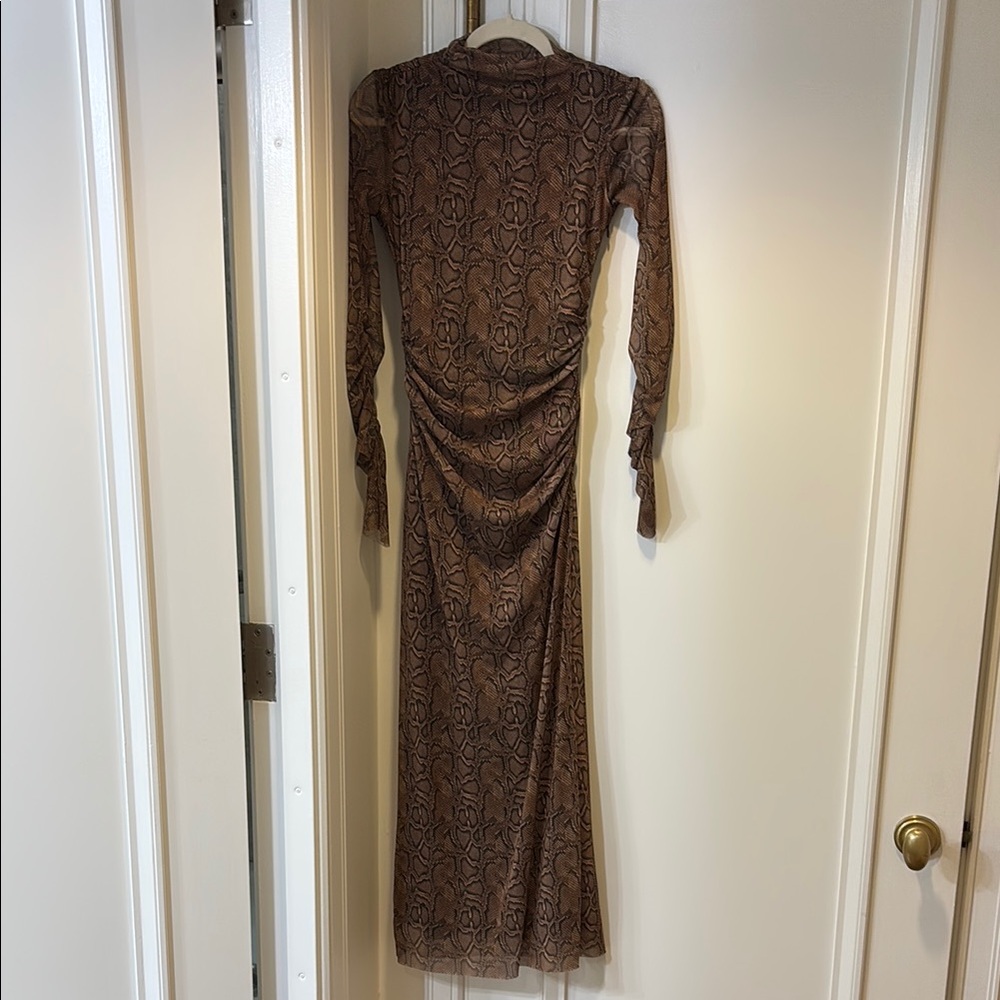 Brown Bodycon Zara Python Print Dress XS with Sheer Bishop Sleeves and Mock Neck